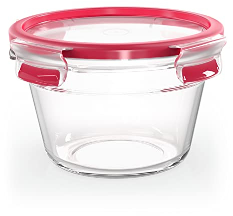 EMSA Clip & Close Glas Frischhaltedose, rund, 0,9 L, 100 Prozent dicht, rutschfestes Stapeln, Glasbehälter spülmaschinen-, gefrier-, backofen-, mikrowellenfest, Rot, Transparent, N10404