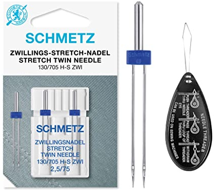 Schmetz Nähmaschinennadel Stretch Twin Größe 2,5/75 2er Pack Nadeln inkl. großem Nadeleinfädler