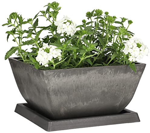 KOTARBAU® Vaso da fiori in materiali riciclati 26 x 26 x 12,7 cm, con sottovaso, 23 x 23 x 2 cm, grigio