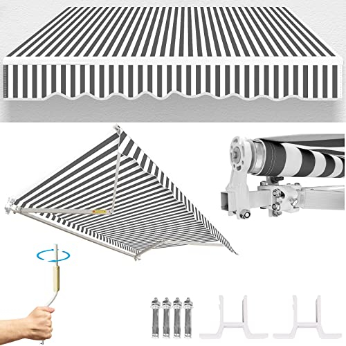 Gimisgu Gelenkarmmarkise, 350x300cm Terrassenmarkise Sonnenmarkise mit manueller Kurbel, Sonnenschutz Anti-UV Wasserfest, Erfordert Montage Winkel Einstellbar bis 30 Grad, Weiß Grau