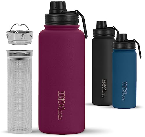 720°DGREE Edelstahl Trinkflasche 950ml “noLimit” - Hält 12h Heiß, 24h Kalt | Mit Teesieb, Fruchteinsatz - Auslaufsicher bei Kohlensäure, BPA-Frei - Thermosflasche für Sport, Büro, Uni, Reise, Outdoor,