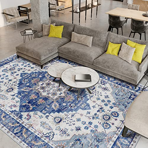 Vamcheer Teppich Wohnzimmer 160x230 - Waschbarer Vintage Kurzflor Teppich für Schlafzimmer und Esszimmer, Kuschelweicher Wohnzimmerteppich, Blau