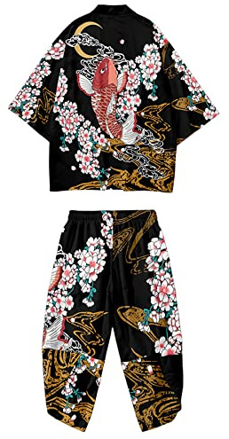 Doslavida Japansk kimono för herr, koftkostym, kinesisk stil, set med jacka och byxor med tryck, öppen framsida, topp med trekvartslång ärm och shorts, Medium