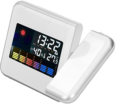 Fyearfly Wetterstation Uhr – Temperatur Feuchtigkeit LCD Rotes Farbdisplay LED Hintergrundbeleuchtung Snooze-Funktion Projektionswecker Für Zuhause Schlafzimmer(Weiß)