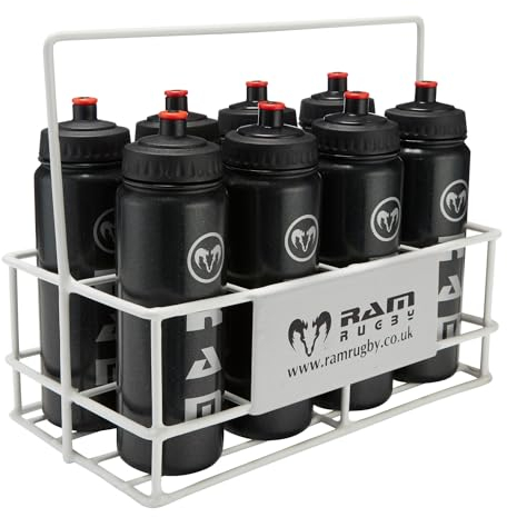Ram Rugby 8 x Black Water Bottles & Metal Carrier Set - ideal for Rugby Training & Rugby Matches