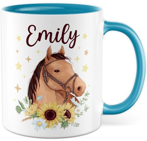 Taza personalizada con nombre personalizado, taza de café de 330 ml, de cerámica, nombre propio, dibujo de caballo, niña, mujer, idea de regalo, personalizable
