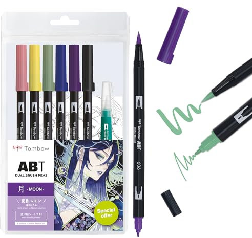 Tombow ABT Dual Brush Pen Watercolor Manga Set Moon, 6er Set + Wassertankpinsel, Malvorlagen & Video Tutorial [ABT-6P-MANGA-MOON]