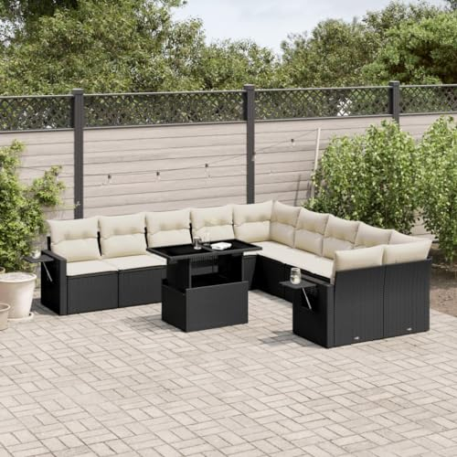 Rantry 11-TLG. Garten-Sofagarnitur mit Kissen Balkonmöbel Gartenmöbel Set Gartensofa Loungesofa Modular Terrassensofa Sitzgruppe mit Tisch Terrassenmöbel Schwarz und Cremeweiß Poly Rattan