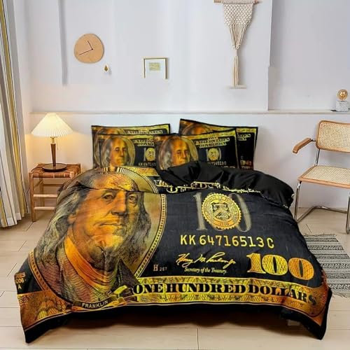 EXSANLIEAY Schwarzes Gold BettwäSche 200x220 Geld Muster Wende BettwäSche-Sets Microfaser Bettbezug & 2 Kissenbezug 80x80 mit Reißverschluss, Weich & Bügelfrei, Als Ganzjahres-Bettwäsche Geeignet
