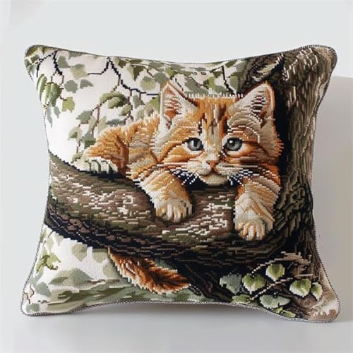 kitphoenix Latch Hook Kissen Kit Katze Knüpfkissen Set für Anfänger Erwachsene oder Kinder zum Selber Knüpfen, DIY Knüpfteppich Knüpfpackung, Knüpfhaken Set 43 x 43 cm