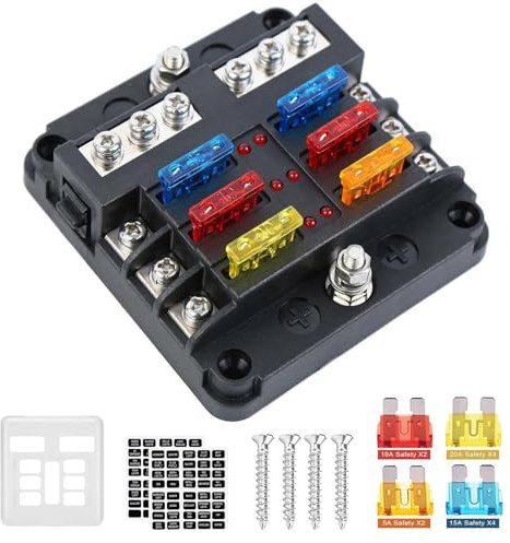 Kfz Sicherungshalter 6 Fach Sicherungsblock kfz Sicherungskasten 12pcs Standard Flachsicherungen mit LED-Sicherheitsanzeige Positiver Negativer für Auto Boot Van RV LKW SUV