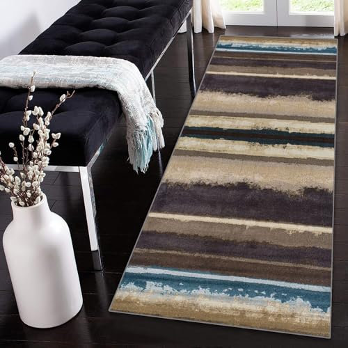 Siunwdiy Teppich Läufer Flur Küche rutschfest Waschbar Braun blau Vintage Abstraktion Teppichläufer Korridor Teppich Küchenläufer Lang 70x100cm Flurteppich Küchenteppich Meterware Anpassbar