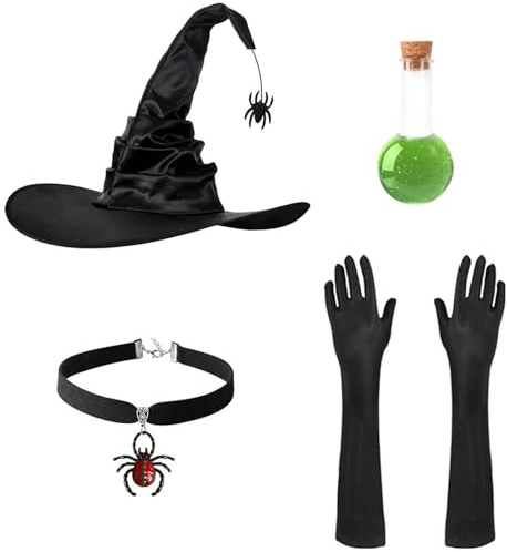 4Pcs Hexenhut Damen mit Hexen Accessoires Set,Schwarz Hexen Hut mit Spinnenanhänger & Lange Handschuhe & Halskette & Zaubertrankflasche,Halloween Kostüm Hexe Zubehör Witch Hat für Fasching Theater
