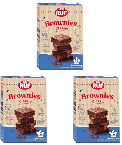 RUF Classic Brownies, Backmischung für saftig schokoladige Chocolate-Brownies im American Style mit Schoko-Raspel, inkl. Backform, 12 Brownies, 366g (Packung mit 3)