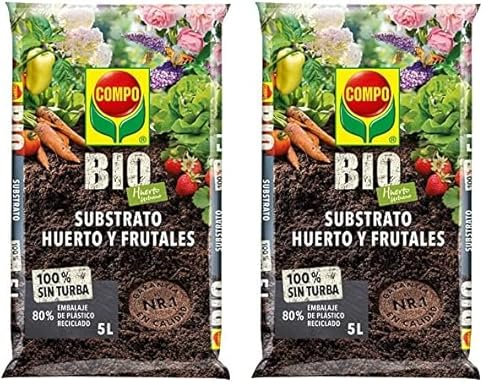 COMPO BIO Huerto Urbano Substrato Huerto y Frutales, Sin turba, Para hortalizas, frutales y plantas aromáticas, Apto para agricultura ecológica, 5 L (Paquete de 2)
