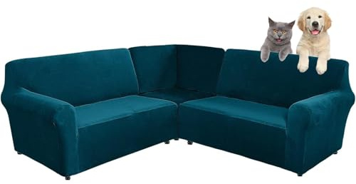 3-teilige Corner Couch Abdeckung, Sofabezug L Form Stretch Sofabezug aus Samt für 5/7 Sitzer Ecksofa, Anti Rutsch Sofa Überzug L Form Dicker weicher waschbarer Möbelschutz (Deep Water Blue,7-seater)