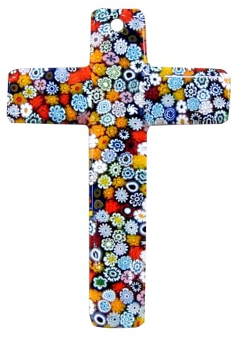 OVUNQUE PROTEGGIMI Kreuz aus Muranoglas, Kruzifix aus echtem Muranoglas, mehrfarbiges Millefiori-Muster, Heilige Wandkunst (Medium: 14 x 20 cm)