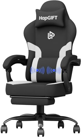 HapGIFT Gaming Stuhl, Gamer Stuhl mit Massagefunktion, Gaming Sessel mit Fußstütze, PC Stuhl mit Verstellbare Rückenlehne, Technikstoff Computer Bürostuhl für Jugendliche, 150 kg, Schwarz Weiß