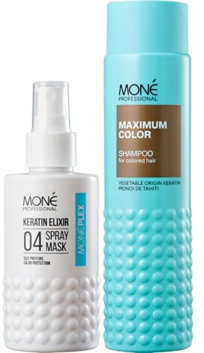 MONÉ Professional - Kit Soin, Éclat & Protection Couleur : Spray Kératine 10-en-1 (150ml) + Shampooing Maximum Color (300ml) - Cheveux Colorés, Secs ou Abîmés - Hydratation & Brillance