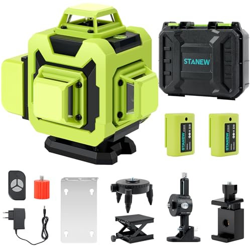 Stanew Nivel Laser 360°x 4 Autonivelante Verde, Laser Verde 4D 16 Líneas,2 x 360 Horizontal y 2 x 360 Verticales, 2 * 2400 mAh Batería, Soporte Giratorio, Mando a Distancia, Base Magnética