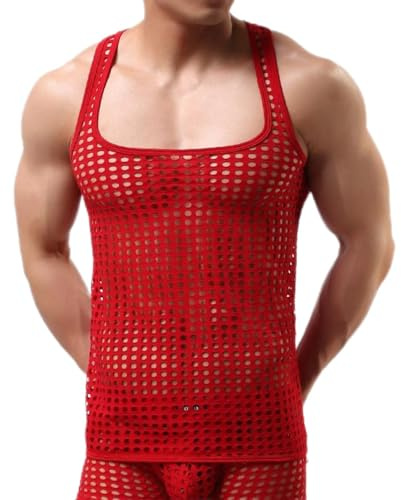 Camiseta Sin Mangas para Hombre,Camiseta Tirantes de Rejilla Camisetas Internas de Red Sexy Slim Fit Transparente Chaleco Ropa Interior de Malla para Hombres Sexy Hueco Tank Top