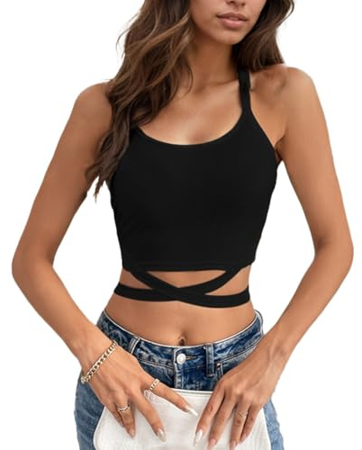 Auriselle Strappy Crop Top Canotta Y2K Senza Maniche per Le Donne Sexy Top con Cravatta Trasversale Slim Stretch per Partito, Estate Sera Moda Intima, Nero, M