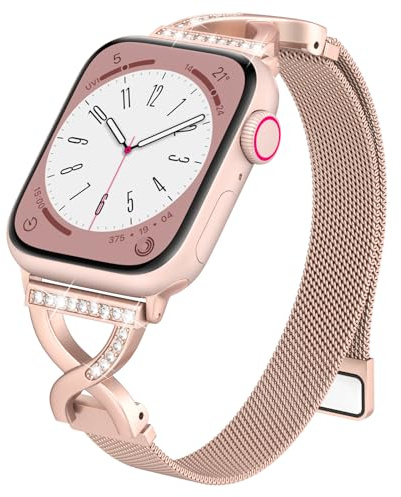 Slim Magnetic Metal Milanese Loop Compatible with Apple Watch Straps Womens | For iWatch Series 11 10 9 8 7 6 5 4 3 2 SE, X-Shape Diamond Clasp Thin Bands for Daily Use 38mm 40mm 41mm 42mm 44mm 45mm 46mm