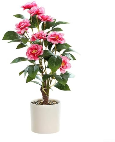 Camélia artificiel de 42 cm en pot pour décoration d'intérieur - Une belle pièce décorative sans soucis (rose rouge)