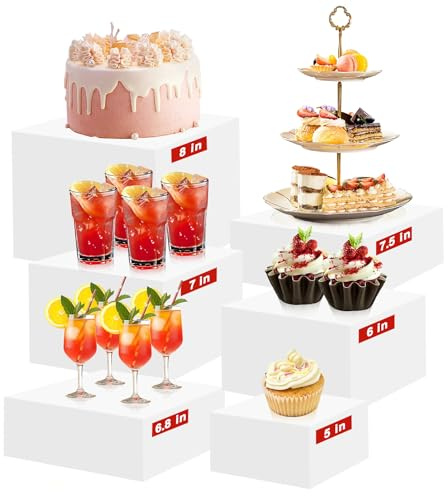 Emwel 6 Pcs Plinths Acrylic Food Risers - Clear White Dessert Stands for Buffet Table Display, Cupcake Tower, Cake Stand, Jewelry Show, Catering Events (8 + 7.5 + 7+6.8+6+5)