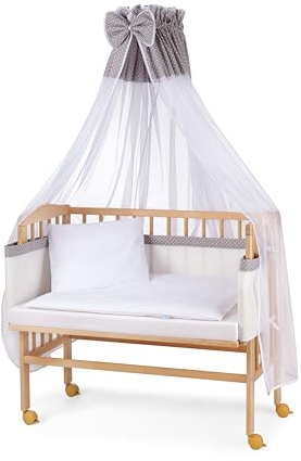 waldin Baby Beistellbett mit Matratze und Stoffen, Höhen-verstellbar, Große Liegefläche 90x55cm, Holz Natur, Grau/Punkte Weiß