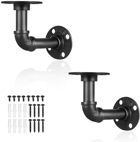 2 Pack Industrial Pipe Shelf Brackets, Black Floating Pipe Brackets with 16 Screws 1/2 inch Heavy Duty Metal Vintage Decor Bracket for Shelves Scaffold Board and Wall Mounted (10*10 cm)