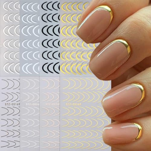 CHarmeFleur 8 Stück Französische Spitzen Linie Nagelkunst Aufkleber 3D Einfache Linien Nagelaufkleber Schwarz Weiß Gold Silber Metall Streifen Haftfolien Gebogene Gel