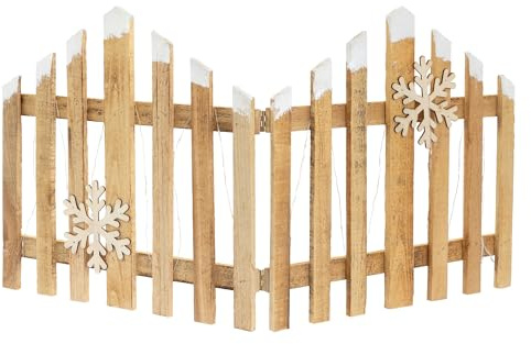 ECD Germany Decoración Valla de Navidad 77x38cm de Madera, 30 Luces LED Blanco Cálido y Temporizador, Función a Pilas, Mini Verja Navideña de Listones para Interior Adorno de Invierno Copos de Nieve
