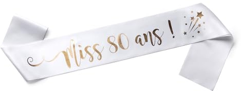 OLILLY - Écharpe Anniversaire Femme – Miss 80 Ans – Écharpe Blanche Satinée avec Inscription Dorée – Accessoire Festif pour Anniversaire – Idée Cadeau Originale (80 ans)
