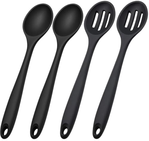 4 Pcs Black Silicone Spoons for Cooking, Silicone Slotted Spoons and Serving Spoons, Heat-Resistant Kitchen Utensils for Mixing, Scooping and Straining, Ideal for Home Cooks and Chefs