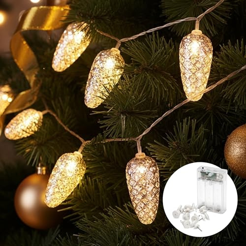 CozyHome Weihnachtslichterkette Tannenzapfen - 5 Meter & 20 LED Warmweiß I Mit Batterie Timer I LED Zapfen Lichterkette I Tischgirlande Weihnachten Zapfenlichterkette Weinachtslichterkette für Innen