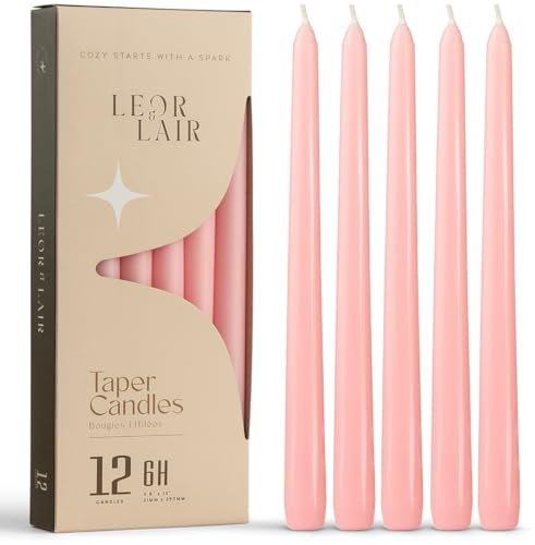 Leor & Lair Light Pink Taper Candles - 12 Pack 10 Pink Candlesticks - Unscented Blush Candles for Weddings, Mother’s Day, Baby Showers, Dinner Table & Holiday Decor