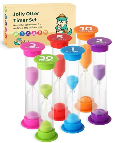 Jolly Otter Sand Timer for Kids - Pack of 6 Hourglass Timers 30 Second, 1, 2, 3, 5 & 10 Minute Timer for Brushing Teeth, Games & More - Multi-Color Set Sand Clock for Classroom