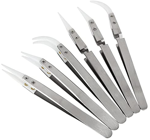 Wadakada 6 pezzi di pinzette per saldatura inversa nel ceramica di precisione, set di pinzette con punte un punta e curve non conduttive, antimagnetiche