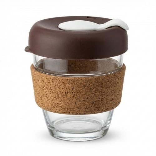 Zimoer 340 ml Taza de Café de Vidrio Templado Reutilizable con Funda de Corcho, Taza de Viaje con Tapa a Prueba de Fugas, para viajes a casa y oficina (Marrón)