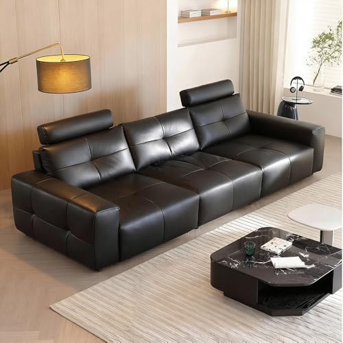 Italiensk lyxig enkel svart lädersoffa, massiv träram, rymlig och mjuk soffa, modern stor storlek, lämplig för vardagsrum/kontor/lägenhet.