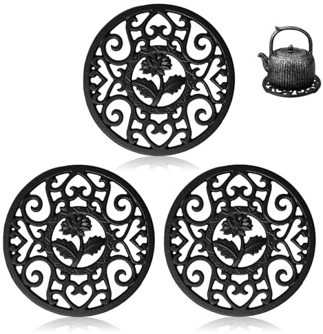 3 Pack Cast Iron Trivet, 11.5cm Tea Pot Trivets Vintage Pattern Metal Coasters with Peg Feet Heat Resistant Teapot Stand Holder for Kitchen Worktops Hot Pans