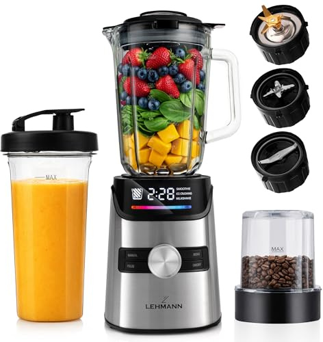 LEHMANN Standmixer 3-in-1 mit Glasbehälter 1,7 L, To-Go-Trinkflasche & Mahlwerk, 10 Geschwindigkeiten, Puls, 3 Programme für Smoothie, Milkshake, Eis-Crush, Spülmaschinengeeignete Teile, 1400 W