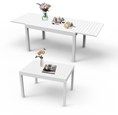 Generisch Domi Gartentisch Ausziehbar 90-180 cm, Aluminium Esstisch Ausziehbar für Terrasse Outdoor mit E-Coat Beschichtung, Gartenmöbel Tisch für 4-6 Personen in Weiße Farbe