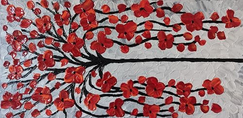 DORON ARTE QUADRO MODERNO ASTRATTO DIPINTO A MANO TELAIO GALLERY BORDI DIPINTI - PAESAGGIO ALBERI FIORE ROSSO - 40x80x4 cm -RIF120