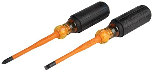 Klein Tools 33732INS - Juego de destornilladores aislados de punta delgada de 1000 V, 2 puntas Phillips y puntas de gabinete de 1/4 pulgadas, mango de agarre acolchado, 2 piezas, negro y naranja