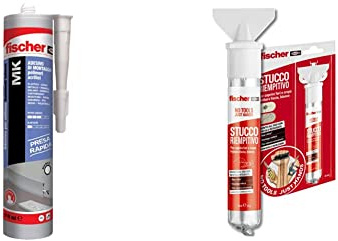 Fischer MK, Colla adesivo di montaggio a presa rapida, per Battiscopa e listelli & 552152 Stucco Riempitivo, in tubetto con spatola integrata, per coprire fori e crepe