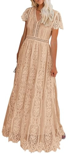 MEROKEETY Women's 2026 V Neck Short Sleeve Floral Lace Wedding Dress A Line Boho Bridesmaid Cocktail Party Maxi Dress, Apricot, X-Large