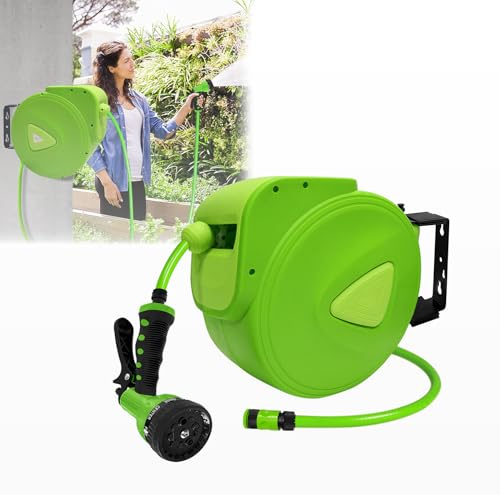 UISEBRT Carrete de manguera de 20 + 2 m, con alcachofa de mano, soporte de pared, caja de manguera de pared giratoria 180°, manguera de jardín para jardín, riego, lavado de coches, verde