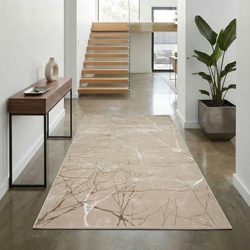 Teppich-Traum Kurzflor Teppich Ästemuster Beige 80x150 cm | Pflegeleicht, strapazierfähig, schmutzabweisend, seitlich gekettelt, fußbodenheizungsgeeignet, mit Glanzeffekt, 8 mm Flor
